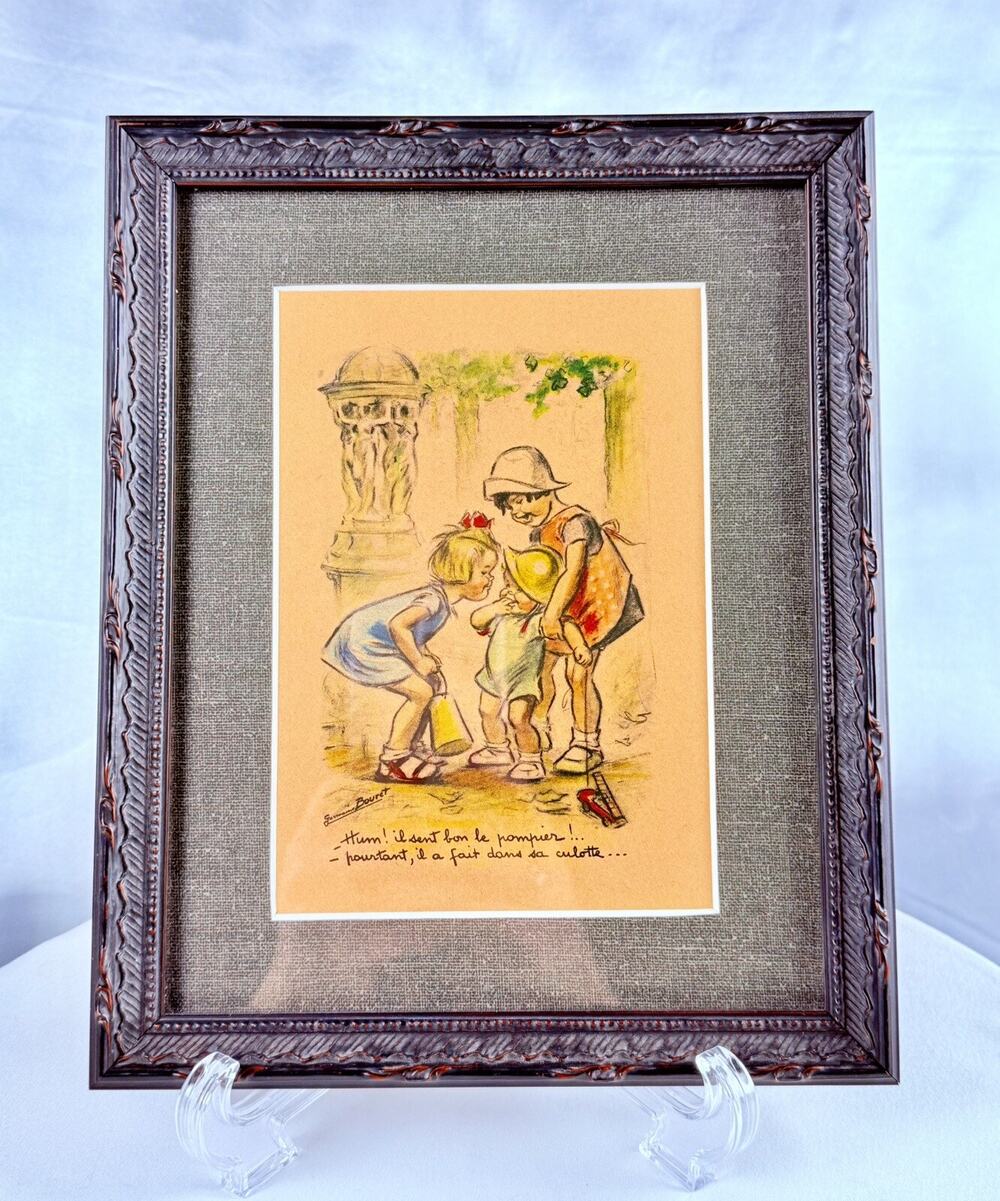Vintage French Art Framed Children Print Signed Germaine Bouret Paris Nursery
